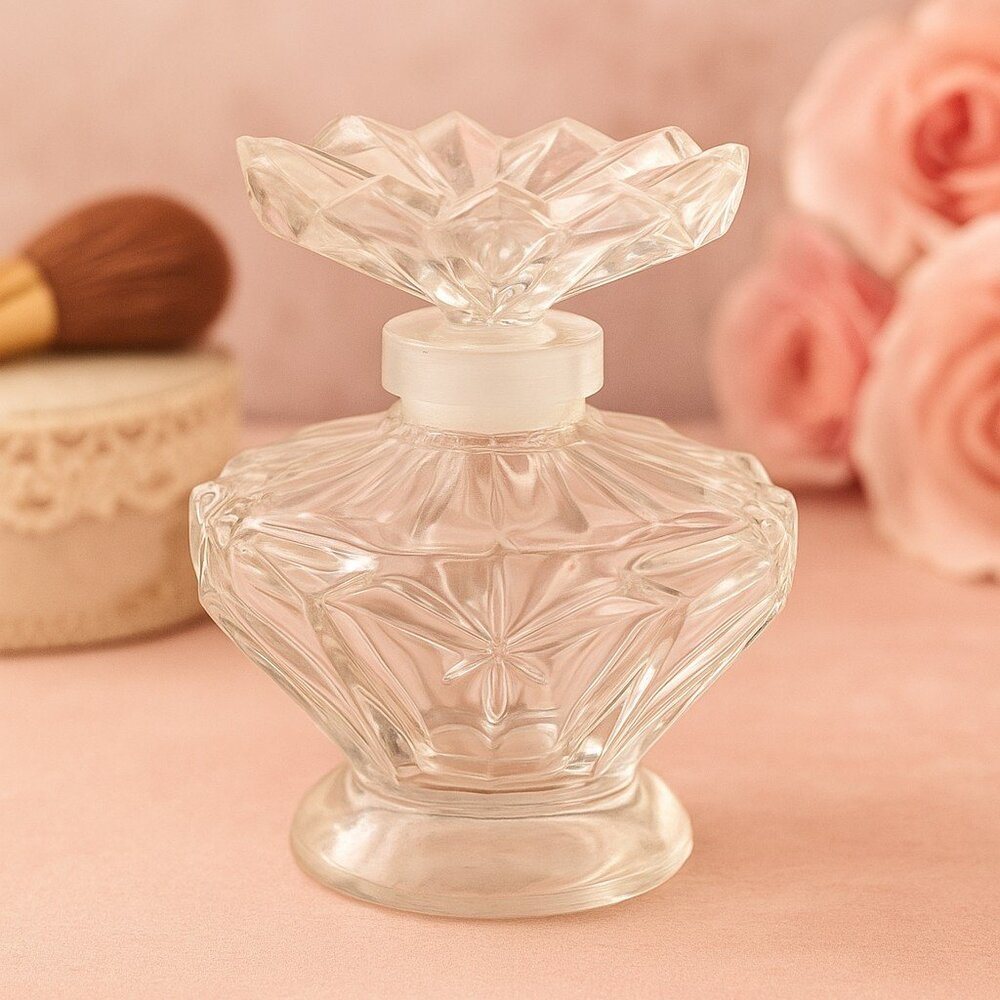 Vintage Glass Perfume Bottle with Petal Stopper – 1950s Vanity Decor
